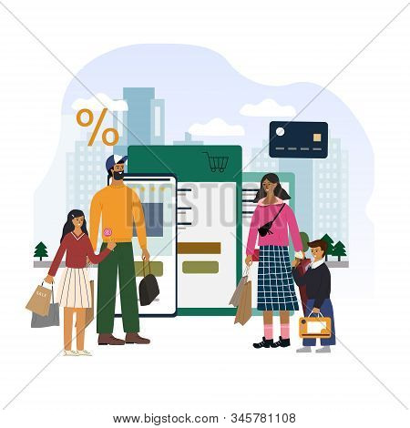 Online Shopping Concept For App, Website Banner, Landing Page Template. Happy Family Standing Togeth