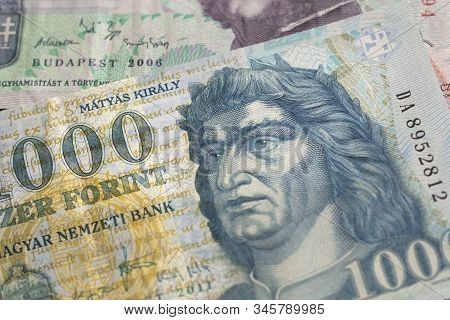 Hungarian Forint Currency Background With Portrait Of Matthias Corvinus. Money Background For Busine