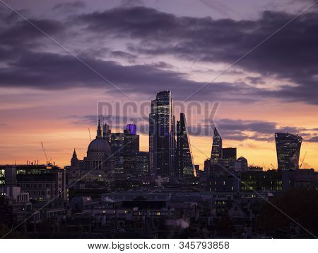Epic Dawn Sunrise Landscape Cityscape Over London City Sykline Looking East Along River Thames