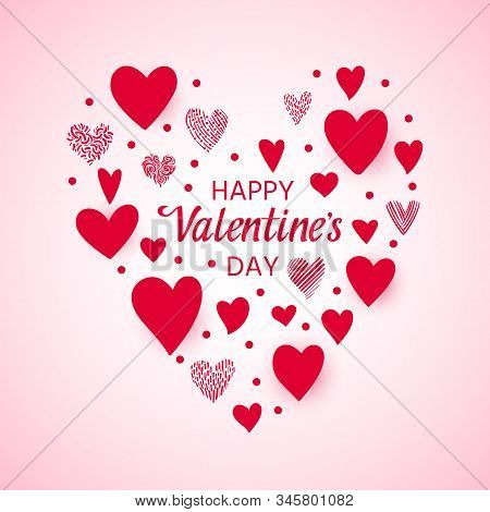 Happy Valentines Day Card. Red, Pink Hearts Background. Love, Valentine, Romantic, Wedding Flat Grap