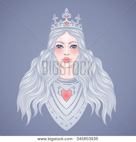 Portrait Of Beautiful Girl With A Crown. Female Knight In Armour. Vector Illustration. Medieval Aest