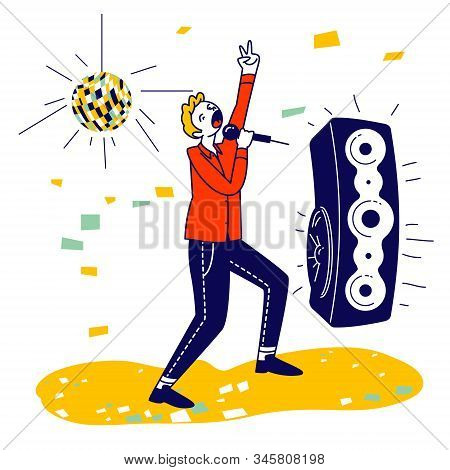 Happy Man Having Fun Singing At Karaoke Bar Or Night Club. Male Character With Great Mood Having Par