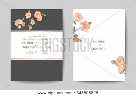 Elegant Greenery Wedding Invitation Card Template Design, Front Back View. Cherry Flowers, Frame On 