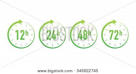 12, 24, 48, 72 Hours Clock Arrow. Work Time Effect Or Delivery Service Time. Vector Stock Illustrati