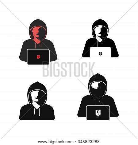Hackers, Set Of Vector Illustrations, Icons, Emblems. Hidden, Hooded, Masked Man Hacks Into Computer