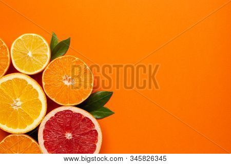 Citruses Fruits On Orange Background With Copyspace, Fruit Flatlay, Summer Minimal Compositon With G