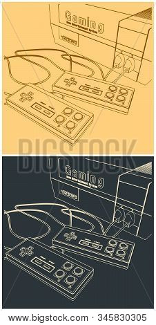 Vector Illustration Of A Retro Game Console And Joysticks Closeup
