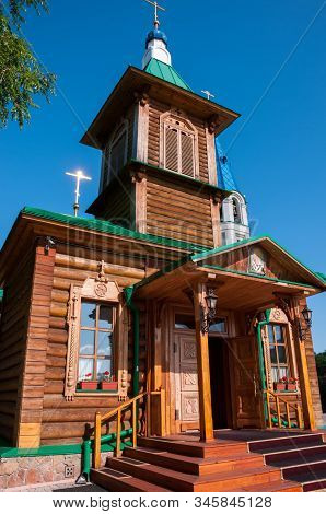 Russia, Blagoveshchensk, July 2019: Wooden Porch Of The Cathedral Of The Annunciation Of The Blessed