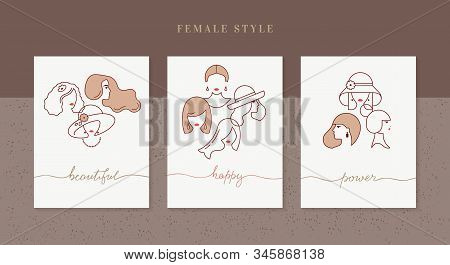 Graphic Collection Of Web Banners With Various Flat Silhouette Icons Of Women C Letterning. Female S