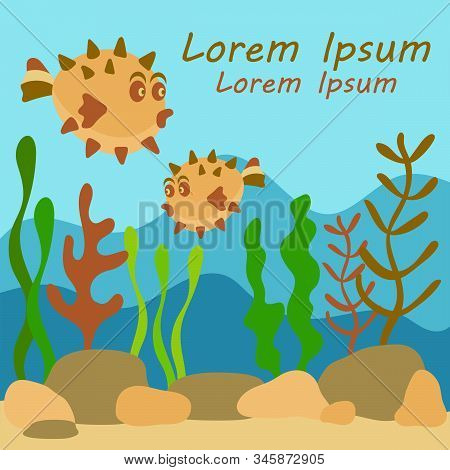 Multi-layered Underwater World, Landscape With Seaweed And Cute Fish. Plant Silhouettes In A Flat Ca