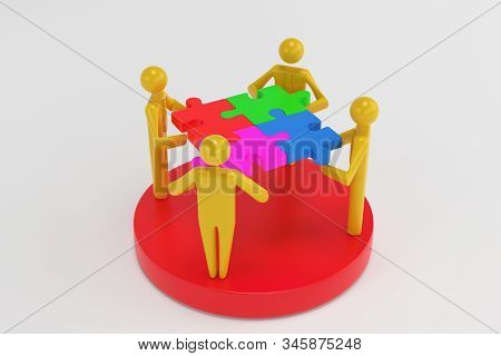 Businesspeople Analyzing Market Segment. Different Groups Of 3d Men Occupy Different Shares In The B