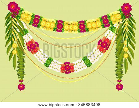 Mala Traditional Indian Decoration Garland Of Flowers And Mango Leaves. Vector Illustration