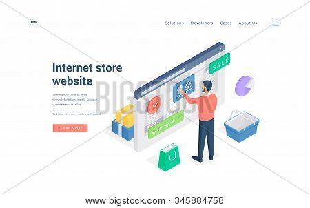 Man Browsing Internet Store Website Isometric Vector Illustration