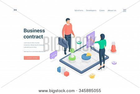 Business People Developing Contract Together Isometric Vector Illustration
