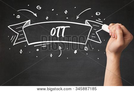 Hand drawing OTT abbreviation with white chalk on blackboard
