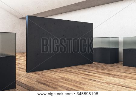 Modern Gallery Interior With Empty Black Wall And Aquarium. Gallery, Advertisement, Presentation Con
