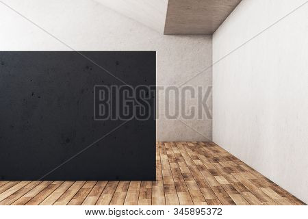 Minimalistic Gallery Interior With Empty Black Wall. Gallery, Advertisement, Presentation Concept. M