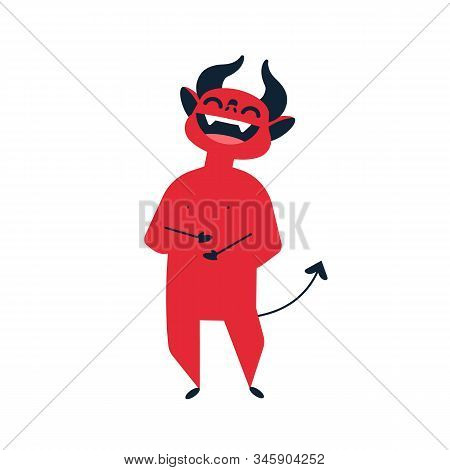 Devil Laughing Flat Vector Illustration. Little Red Cute Demon Joking Cartoon Colorful Character. Sa