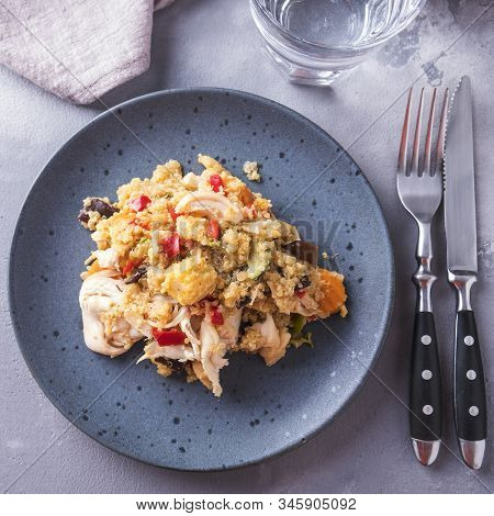 Dietary Salad With Chicken And  Kinoa . Top View. Closeup