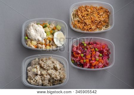 4 Lettuce In Molds For Fast Delivery. Pasta With Minced Meat And Onion In Navy-style And A Jar Of Vi