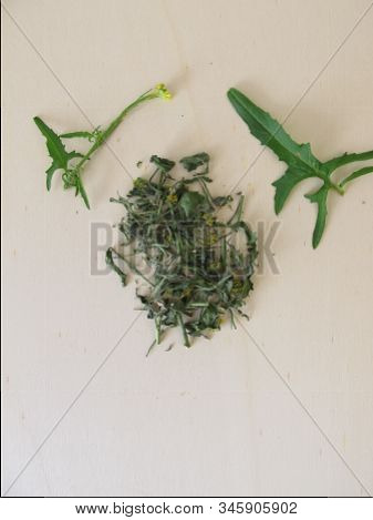 Fresh And Dried Hedge Mustard On Wooden Board