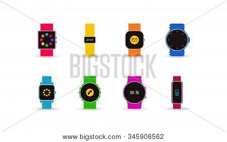 Stock Vector Smart Watches Collection. Illustration In Flat Style. Color Print On White Background