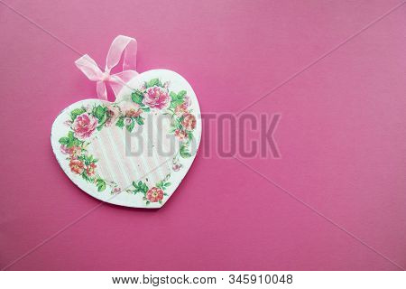 Valentines Card Background - Wooden Heart Decorated In Decoupage Technique Provencal Style On A Pink