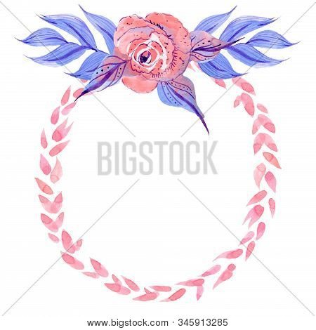 Title Frame Made Of Watercolor Leaves And Flowers On A White Background.