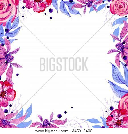 Frame Of Watercolor Leaves And Flowers On A White Background.