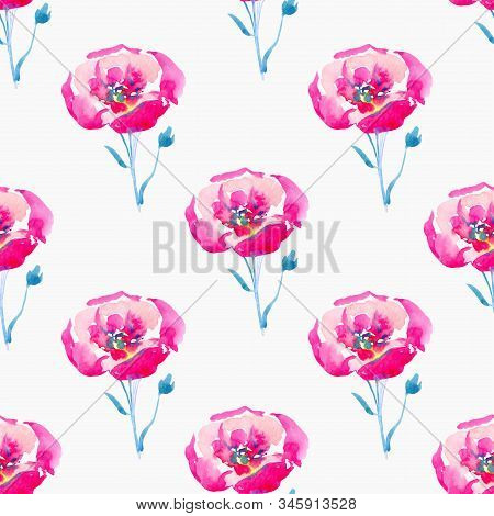 Seamless Watercolor Pattern Of Pink Flowers With Green Stems And Yellow Centers On A White Backgroun