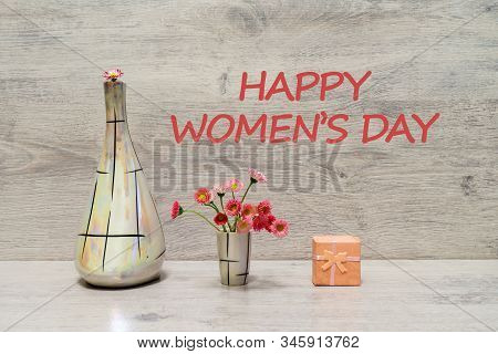 Summer Creative Still Life In Minimal Style. White And Pink Marguerite Daisy Flowers In Vintage Pear