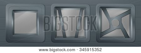 Porthole In Spaceship, Metal Square Windows In Rocket. Vector Realistic Illustration Of Shuttle Inte