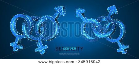 Bisexual Pride, Gender Symbol Set. Low Poly, Wireframe, Digital 3d Vector Illustration. Men And Wome