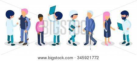 Doctors, Disabled People. Disabilities Persons Isometric. Injury Invalids Defective Men Women Kid, M