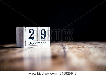 December 29th, 29 December, Twenty Nineth Of December - White Block Calendar On Vintage Table - Date