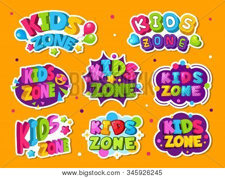 Kids Zone Logo. Colored Emblem For Game Children Room Playing Zone Vector Decor Style Labels. Illust