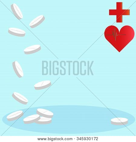 Pills, Medical Red Cross, Heart With A Cardiogram. Set Of Pharmaceutical Concept Images On A Blue Ba