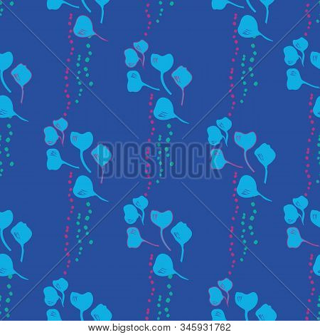 Vector Seamless Pattern Ginko Wax With Blue Ginkgo Leaves And Pink Dots, Turquoise Background