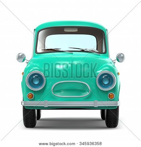 Small And Cute Cartoon Bunchy Retro Car, Front View, Isolated On White Background. 3d Illustration