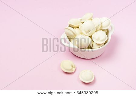 Uncooked Russian Pelmeni In White Bowl Homemade Pelmeni Ravioli Or Dumplings With Meat Horizontal Co