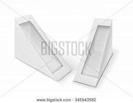 Sandwich Pack Mock Up. Two Cardboard Triangle Packaging Boxes For Food Products Retail Isolated On W