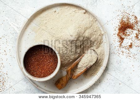 Teff Flour On A Plate And Teff Grain In A Bowl Top View