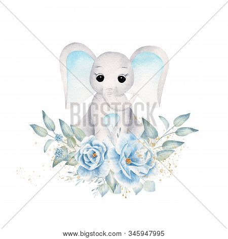 Baby Elephant With Blue Flowers And Leafage Hand Drawn Raster Illustration. Cute Animal Boy And Bouq