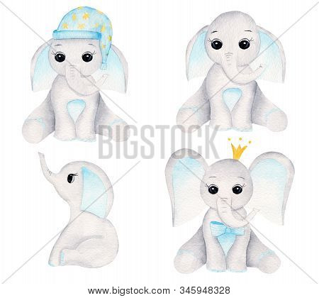 Elephant Calves Hand Drawn Raster Illustrations Set. Sitting Animal Boys Watercolor Compositions Pac