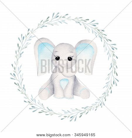 Baby Elephant In Floral Frame Front View Hand Drawn Raster Illustration. Animal Boy And Plant Leaves