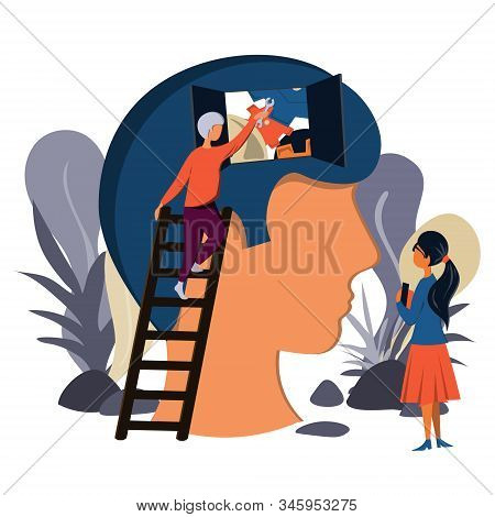 A Man Climbs The Stairs And Mends The Human Brain. Psychological Help.
