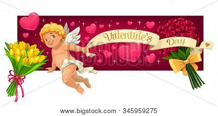 Valentine Day Vector Banner With Hearts, Flowers And Cupid Angel Holding Greeting Wish On Paper Scro