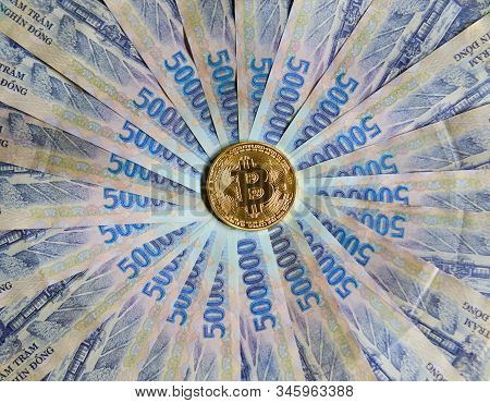 Bitcoin With Paper Money Concept