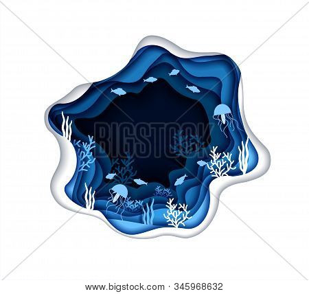 Underwater Sea Life, Fish, Jellyfish, Corals. Save Ocean Concept Design. Vector Illustration In Pape