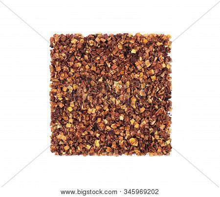 Dried Chopped Smoking Tobacco Isolated On White Background. Top View. Tobacco Texture. Creative Layo